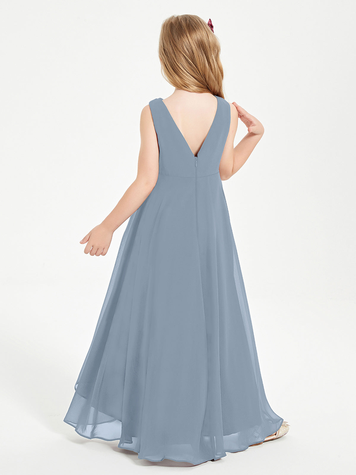 Modern Asymmetrical Cowl Neck Junior Bridesmaid Dresses Dusty Blue